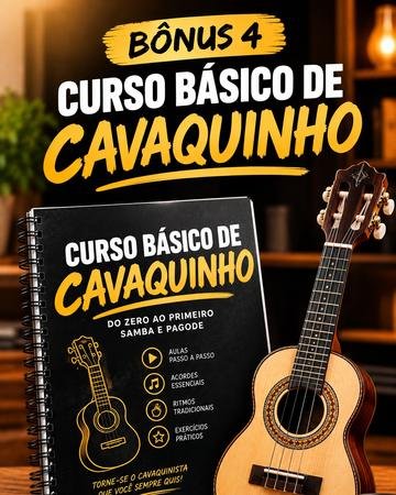 Capa ilustrada do Curso Básico de Cavaquinho, com desenho de um cavaquinho